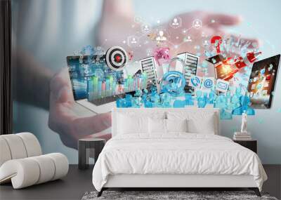 Businessman connecting devices and business objects together 3D rendering Wall mural