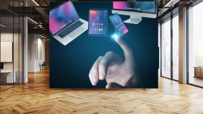 Businessman connecting modern smartphone tablet laptop and computer 3D rendering Wall mural