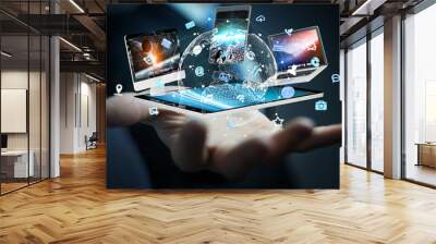 Businessman connecting tech devices to each other 3D rendering Wall mural