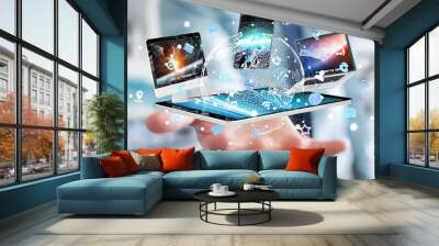 Businessman connecting tech devices to each other 3D rendering Wall mural