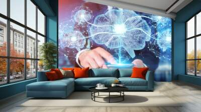 Businessman creating artificial intelligence in a digital brain 3D rendering Wall mural