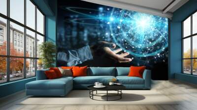 Businessman hand creating renewable and sustainable eco energy with electrical sphere 3D rendering Wall mural