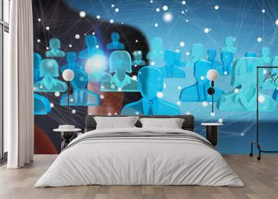 businessman holding 3d rendering group of blue people Wall mural