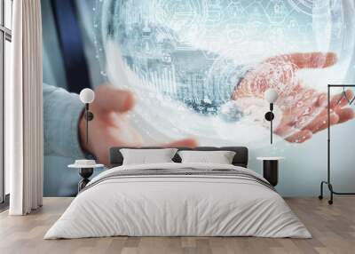 Businessman holding hologram sphere 3D rendering Wall mural