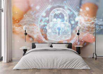 Businessman protecting his datas with digital security hologram 3D rendering Wall mural