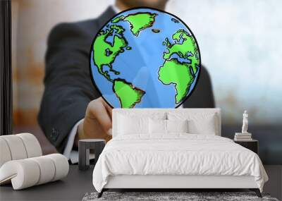 Businessman touching hand drawn planet earth Wall mural