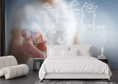 businessman touching renewable energy sketch Wall mural