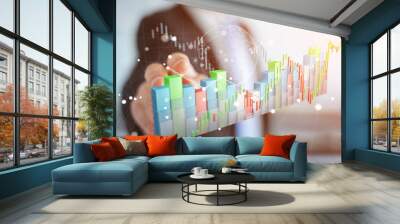 Businessman using digital 3D rendered stock exchange stats and charts Wall mural