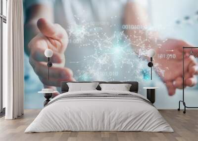 Businessman using digital binary code connection network 3D rendering Wall mural