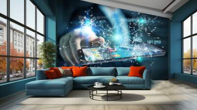 Businessman using digital binary code on mobile phone 3D rendering Wall mural