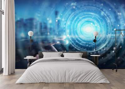 Businessman using digital network connection interface 3D rendering Wall mural