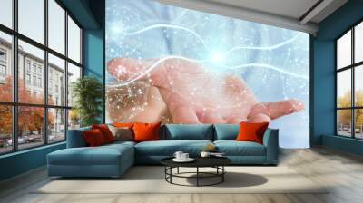 Businessman using digital network connection sphere 3D rendering Wall mural