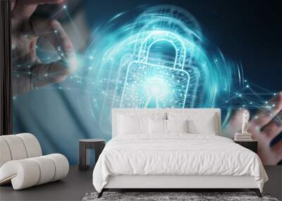 Businessman using digital padlock with data protection 3D rendering Wall mural