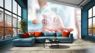 Businessman using digital padlock with data protection 3D rendering Wall mural