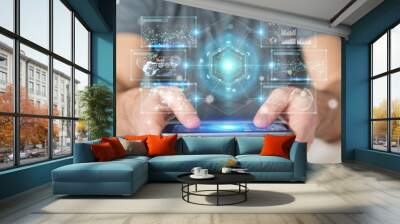 Businessman using digital screens interface with holograms datas 3D rendering Wall mural