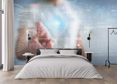 Businessman using digital technological interface with datas 3D rendering Wall mural