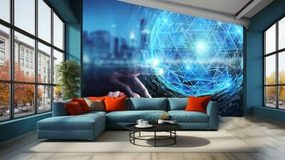 Businessman using digital triangle exploding sphere hologram 3D rendering Wall mural