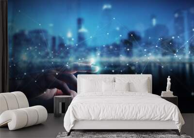 Businessman using floating digital network connections with dots and lines 3D rendering Wall mural