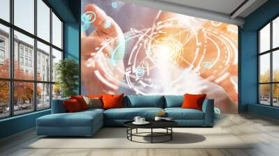 Businessman using flying network connection interface 3D rendering Wall mural