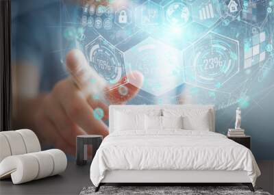 Businessman using holograms datas digital sphere 3D rendering Wall mural