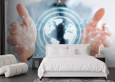 Businessman using planet earth network sphere 3D rendering Wall mural