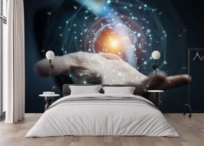 Businessman using planet earth network sphere 3D rendering Wall mural