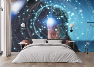 Businessman using planet earth network sphere 3D rendering Wall mural