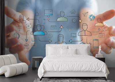 Businessman using thin line social network icons interface Wall mural