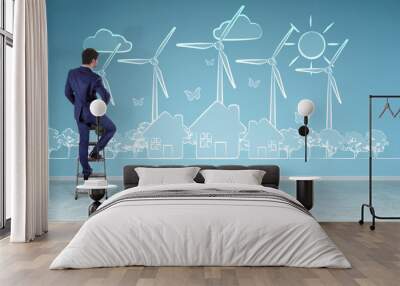 Businessman watching renewable energy sketch on a wall 3D rendering Wall mural