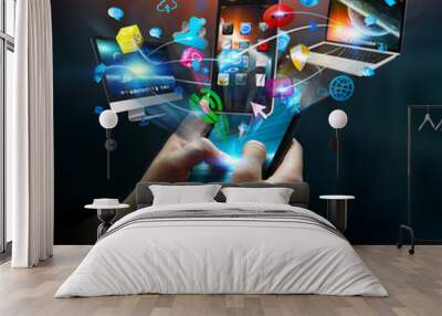 businesswoman connected tech devices and icons applications with Wall mural