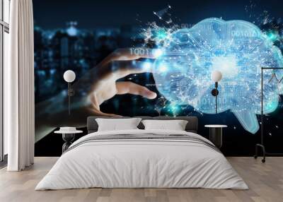 Businesswoman creating artificial intelligence in a digital brain 3D rendering Wall mural