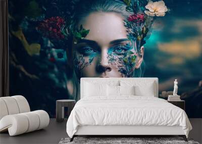 Conceptual Imaginative portraits evoking different moods, emotions and feelings. Surreal woman with natural elements over her face. Generative ai Wall mural