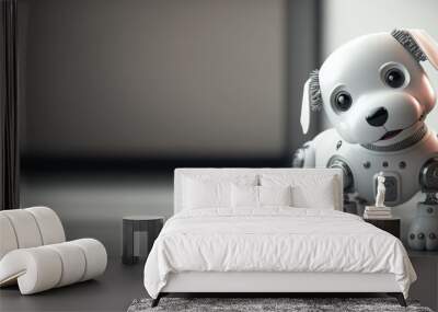 Cute robotic puppy isolated on large empty background. White happy little dog robot. Futuristic pet assistant powered by artificial intelligence. Generative ai Wall mural