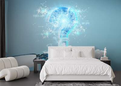 Cyborg solving problem with digital question marks 3D rendering Wall mural