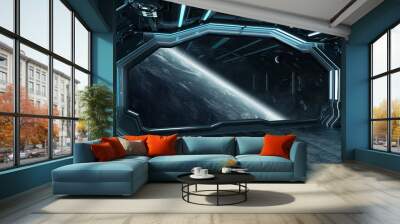 dark blue spaceship futuristic interior with window view on planet earth 3d rendering Wall mural