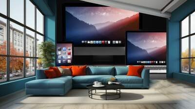 Dark modern computer laptop mobile phone and tablet 3D rendering Wall mural