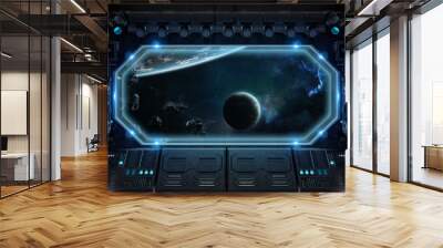 Dark spaceship interior with large window view 3D rendering Wall mural