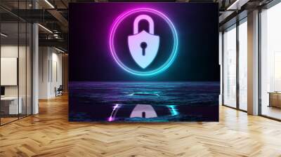 Digital cyber security holographic icon illuminating the floor with blue and pink neon light 3D rendering Wall mural