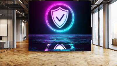 Digital cyber security holographic icon illuminating the floor with blue and pink neon light 3D rendering Wall mural