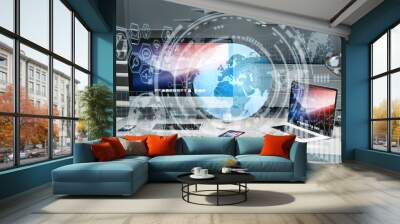 Digital planet Earth floating in office 3D rendering Wall mural