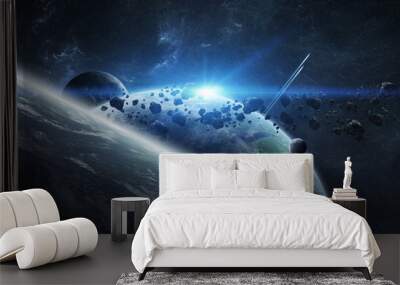 Distant planet system in space 3D rendering Wall mural