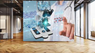 Doctor using modern microscope with digital analysis 3D rendering Wall mural