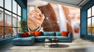 Dot flying network drawn by businessman 3D rendering Wall mural