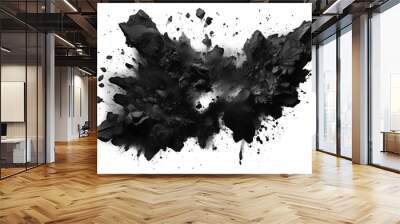 Exploding black rock with smoke and dust on empty transparent background. Isolated brush. Generative ai Wall mural