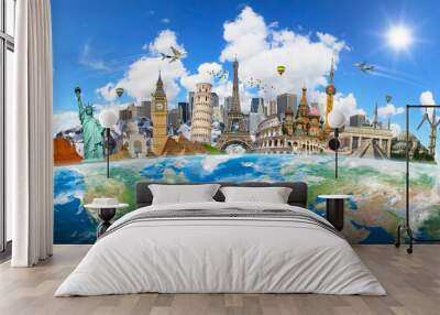 famous landmarks of the world grouped together on planet earth Wall mural