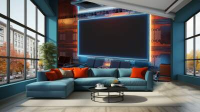 Futuristic panoramic billboard mockup. Cyberpunk style frame interior template. 3D rendering Wall mural