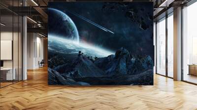 Gigantic asteroids about to crash 3D rendering elements of this Wall mural