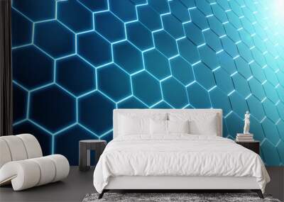 Glowing black and blue hexagons background pattern on silver metal surface 3D rendering Wall mural