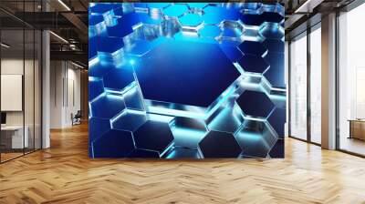 Glowing black and blue hexagons podium background pattern. Hexagonal metal surface with lights and reflections. 3D rendering Wall mural