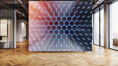 Glowing black blue and orange hexagons background pattern on silver metal surface 3D rendering Wall mural